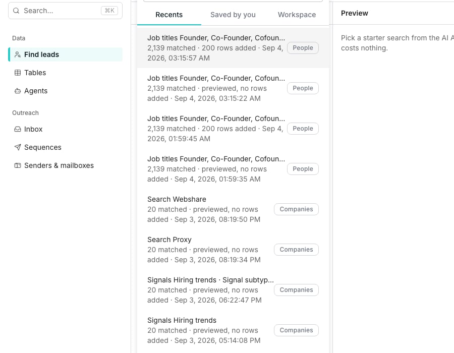 The Past searches popover open with Recents, Saved by you and Workspace tabs above a list of named searches, each with a record type chip and a delete icon.