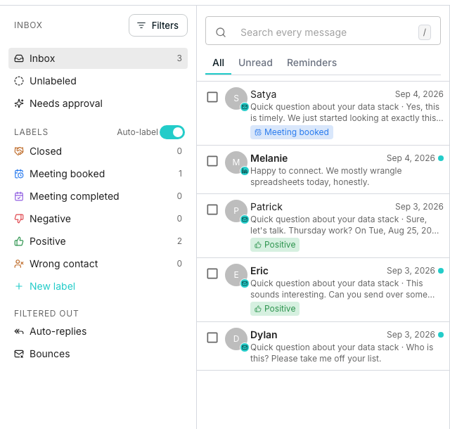 The inbox with a label rail on the left counting Closed, Meeting booked, Meeting completed, Negative, Positive and Wrong contact, beside a list of five reply threads. Two threads carry a green Positive chip, and the newest reply sits on top unread.