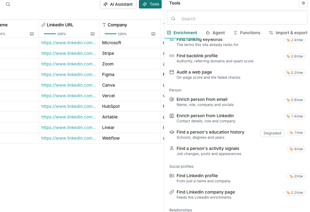 The Your data section listing connected tools such as a CRM, each row offering to get a record type like user or contact, with a small per-row cost shown.