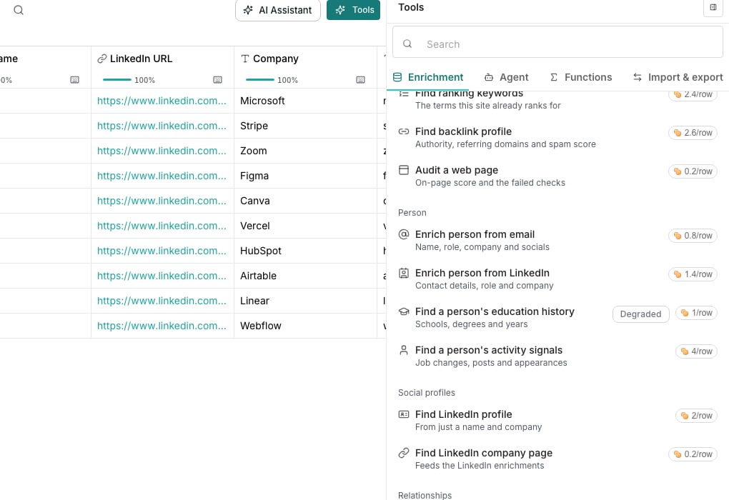 The Your data section listing connected tools such as a CRM, each row offering to get a record type like user or contact, with a small per-row cost shown.