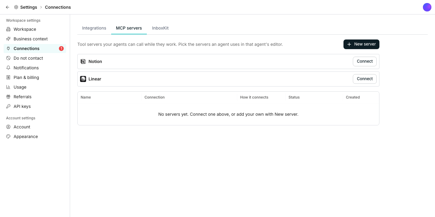 A catalog of MCP server tiles such as Notion, Linear and GitHub, each with a Connect button, above a table of already-added servers showing how each one connects and its status.