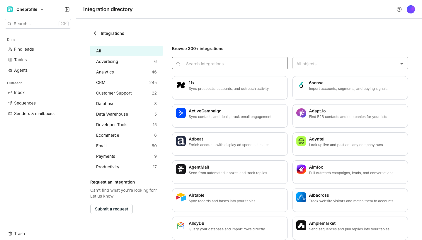 A directory of integrations grouped by category down the left side, with a search box and a grid of integration cards, some marked Coming soon.