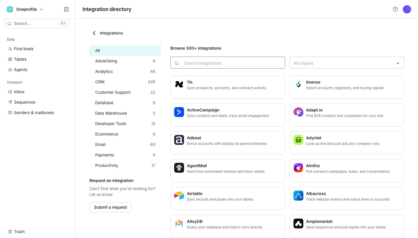 A directory of integrations grouped by category down the left side, with a search box and a grid of integration cards, some marked Coming soon.