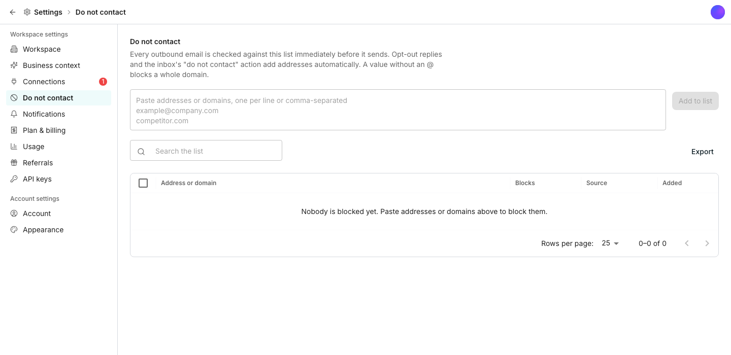 A settings page listing blocked email addresses and domains, each with a source such as added manually or opt-out reply, next to a paste box and an Add to list button.