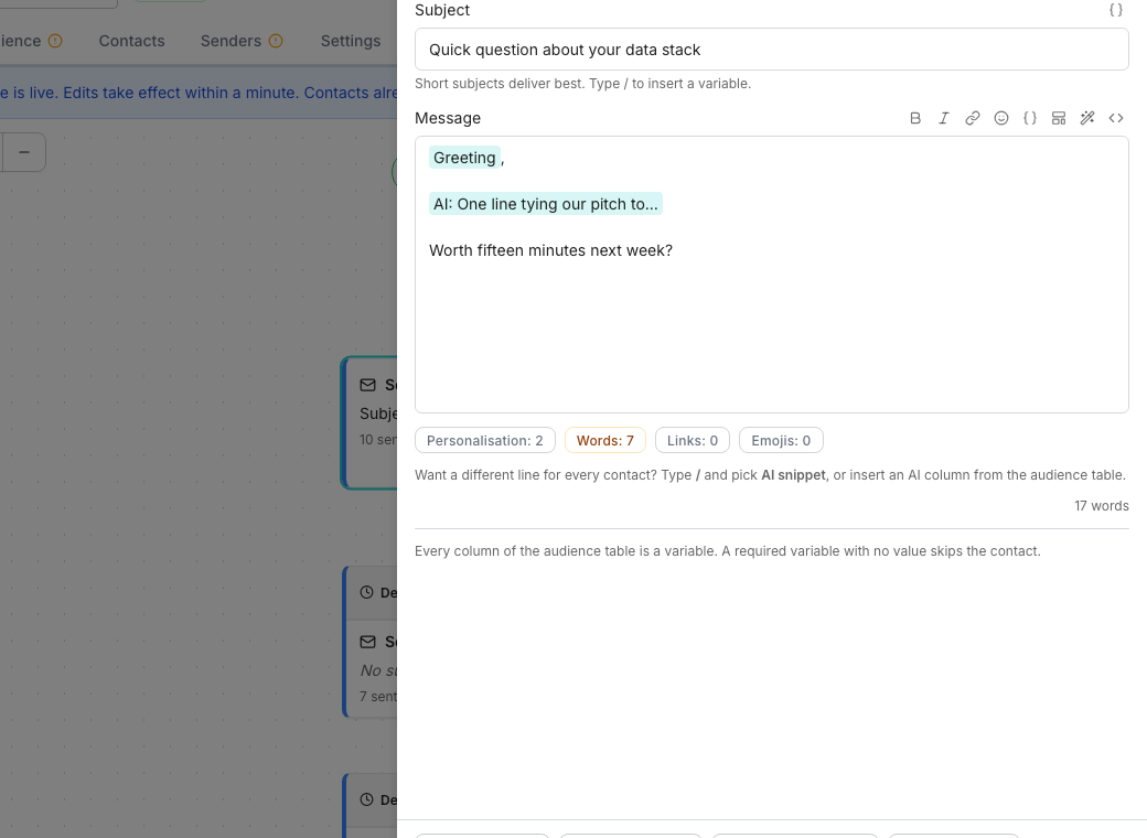 The email composer for a step you write, showing a Message field with a formatting toolbar for bold, italic, links, emoji, variables and templates, a word count, and a Spam check button.