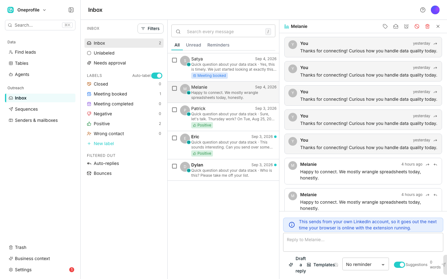 The inbox in three panes: a left rail of views and labels with Filters at its top, a list of conversations under a search box, and one open LinkedIn conversation showing its messages with a reply box underneath.