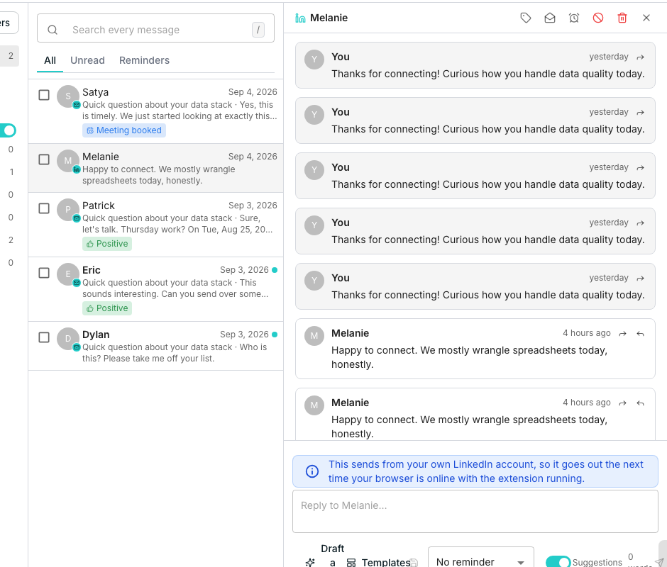 An AI-drafted reply card above a message thread, showing a confidence score, an editable draft body, and Write again and Discard buttons.