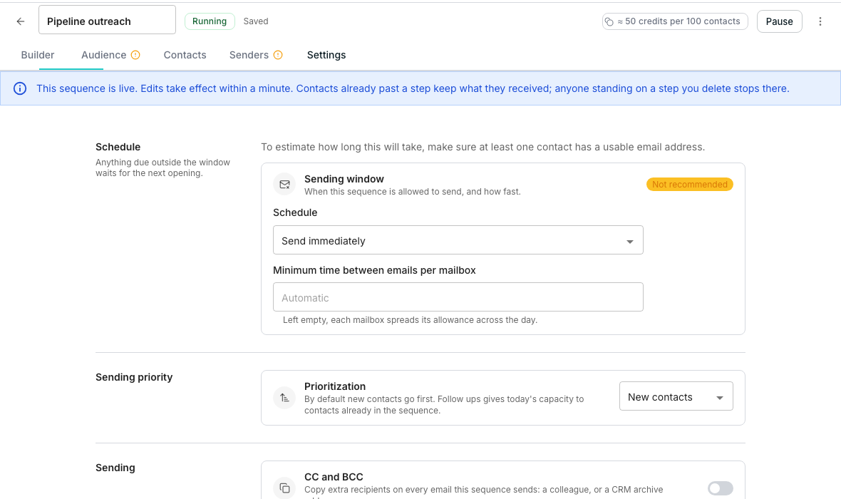 The Schedule section showing a Schedule dropdown set to Optimized for deliverability, a Timezone field, a row of day toggles with start and end times, and a Minimum minutes between emails per mailbox field below them.