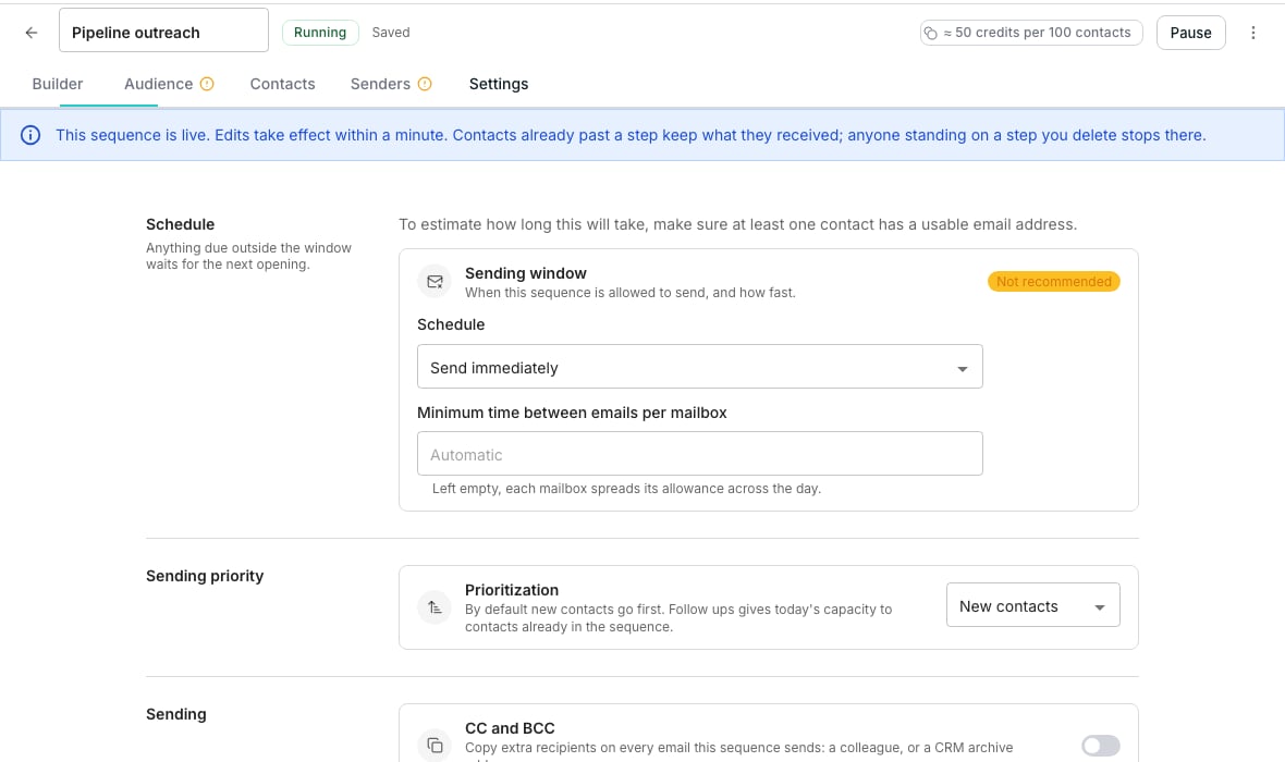 The Schedule section showing a Schedule dropdown set to Optimized for deliverability, a Timezone field, a row of day toggles with start and end times, and a Minimum minutes between emails per mailbox field below them.