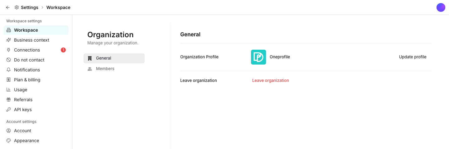 The Settings area, with a left rail split into Data, Outreach, Workspace and Personal, and the Workspace pane open beside it on its General tab, showing the workspace logo and name with an Update profile action, a Members tab beside General, and Leave workspace below.