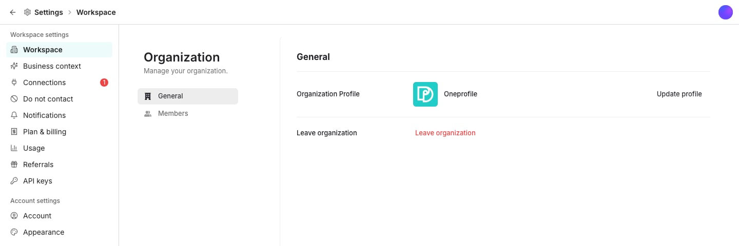 The Settings area, with a left rail split into Data, Outreach, Workspace and Personal, and the Workspace pane open beside it on its General tab, showing the workspace logo and name with an Update profile action, a Members tab beside General, and Leave workspace below.
