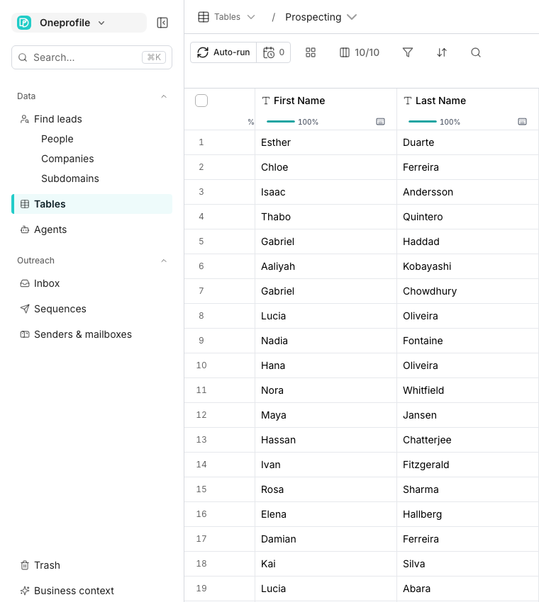 The app sidebar with a Data section holding Find leads, Tables and Agents, and an Outreach section holding Inbox, Sequences and Senders and mailboxes. Beside it, a table of people with filled name and email columns.