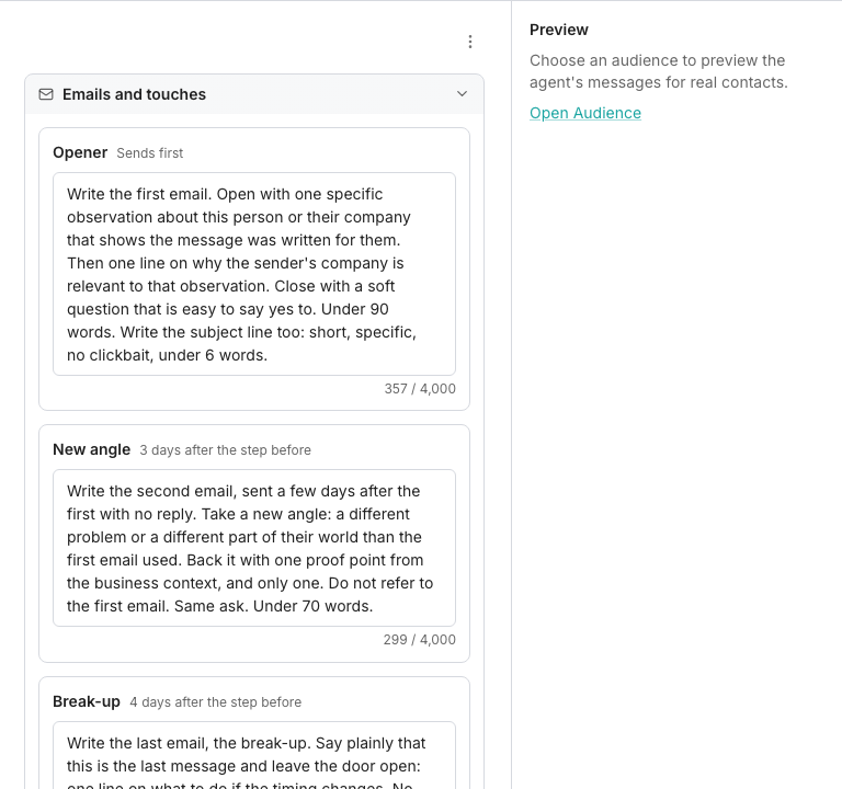 The Agent tab of a sequence, showing the Emails and touches card with a prompt for each message: an Opener that sends first, a New angle three days later, and a Break-up after that, with the preview rail beside them.