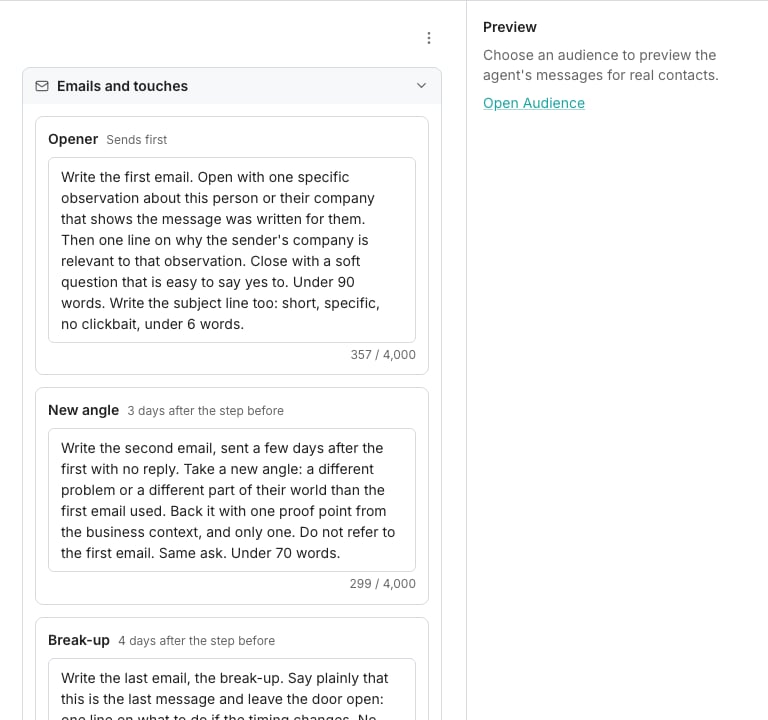 The Agent tab of a sequence, showing the Emails and touches card with a prompt for each message: an Opener that sends first, a New angle three days later, and a Break-up after that, with the preview rail beside them.