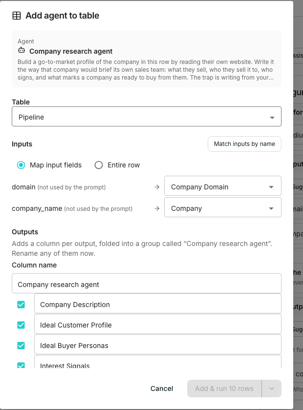 The Add agent to table dialog with a Map columns to inputs option bound to table columns, and an Outputs section naming a column per output field.