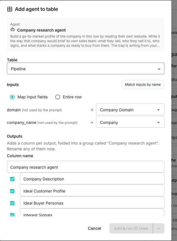The Add agent to table dialog with a Map columns to inputs option bound to table columns, and an Outputs section naming a column per output field.