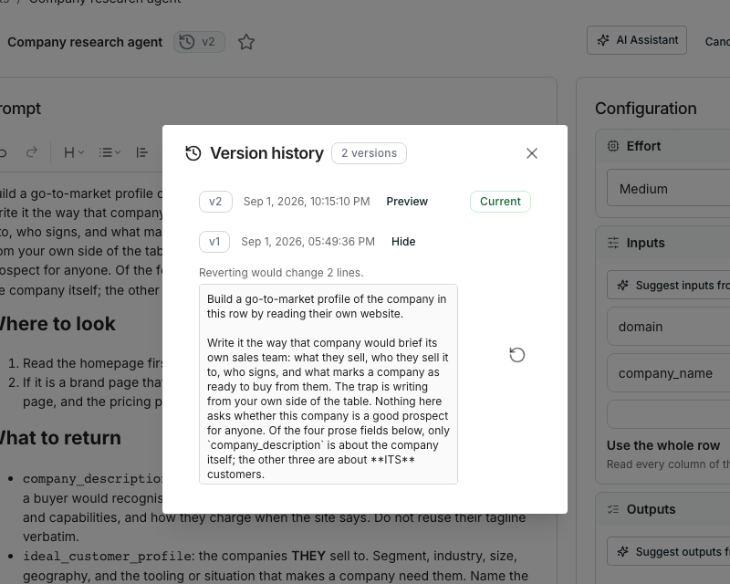 The version history dialog listing version chips and dates, with one version's Preview open showing how many lines reverting to it would change.
