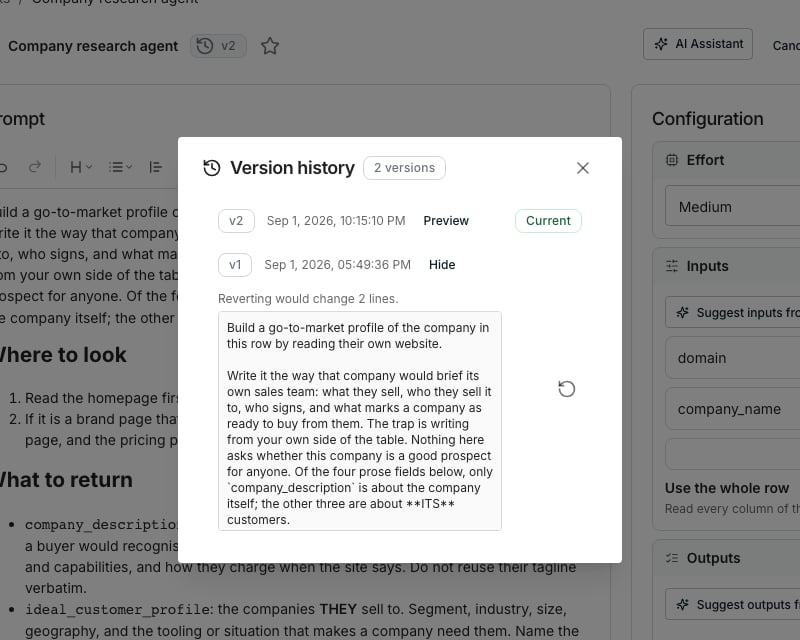The version history dialog listing version chips and dates, with one version's Preview open showing how many lines reverting to it would change.