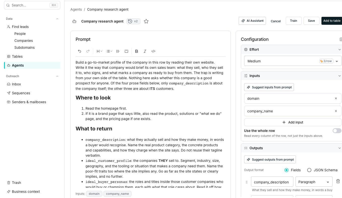The agent editor with a Prompt panel on the left and a Configuration panel on the right listing Effort, Inputs, Outputs, Tools, MCP servers and Feedback sections.