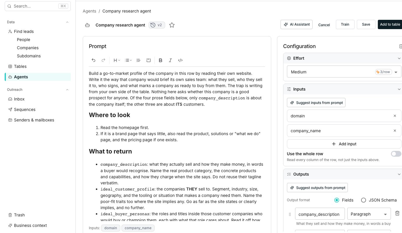 The agent editor with a Prompt panel on the left and a Configuration panel on the right listing Effort, Inputs, Outputs, Tools, MCP servers and Feedback sections.