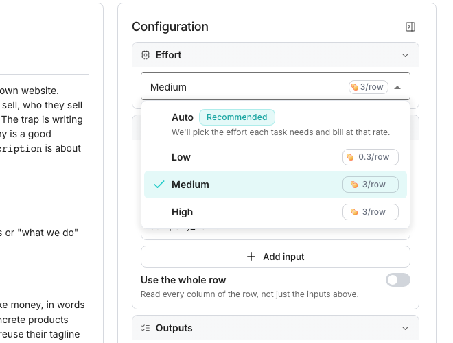 The Effort picker open in an agent's configuration, listing Auto marked Recommended, then Low, Medium and High, each level with its price per row beside it.
