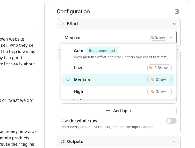The Effort picker open in an agent's configuration, listing Auto marked Recommended, then Low, Medium and High, each level with its price per row beside it.