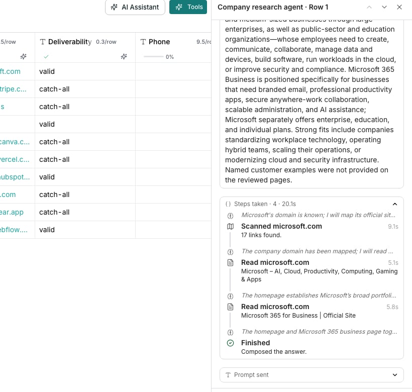 A cell drawer open beside the grid with its Steps taken panel expanded, showing the run's trail: a scan of the company's site with the number of links found, two page reads, and a Finished step, each with its duration and the agent's thought between them.