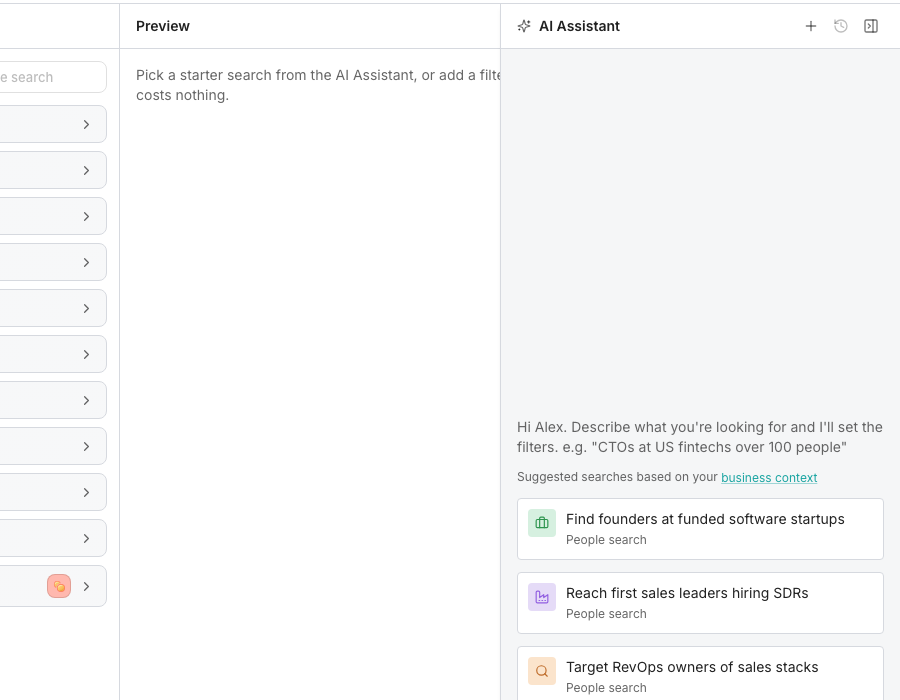 The AI Assistant panel on the right of the Find people search, with a Describe the leads you want box above suggested search cards drawn from business context.
