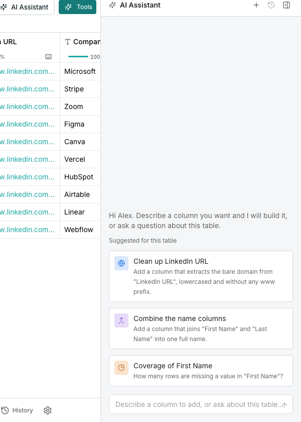 The AI Assistant panel open beside the grid, showing a suggested column card with its cost in credits per row, an Add column button and a Dismiss suggestion button.