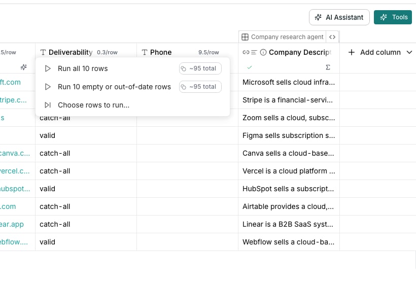 A never-run column's run menu open over the grid, listing Run all 10 rows, Run 10 empty or out-of-date rows, and Choose rows to run, with an estimated credit total beside each option that spends credits.