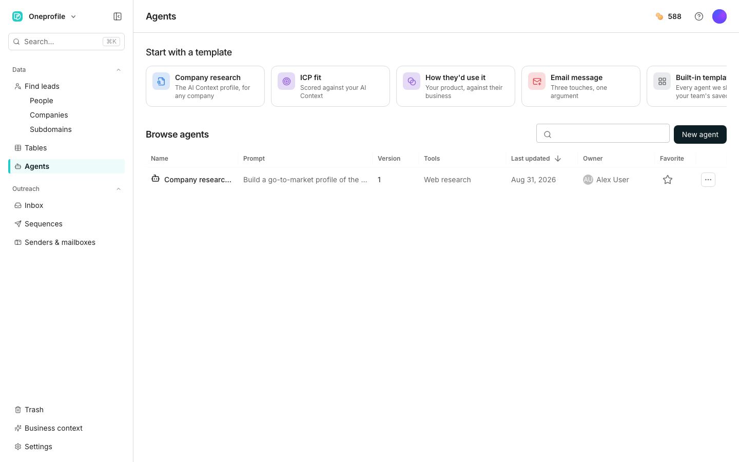 The Agents page with two sections: a row of template cards under Start with a template for Company research, ICP fit, How they'd use it and Email message; and a Browse agents section below with a search box, a New agent button, and one saved agent named Company research agent.