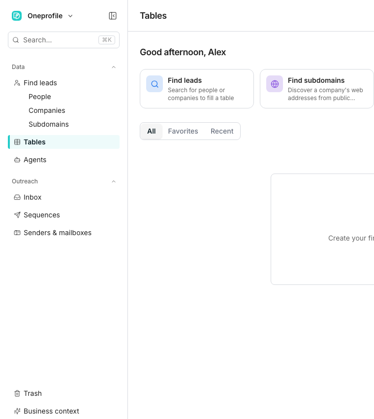 The app sidebar with a Data section holding Find leads, Tables and Agents, and an Outreach section holding Inbox, Sequences and Senders and mailboxes, with no table open yet.