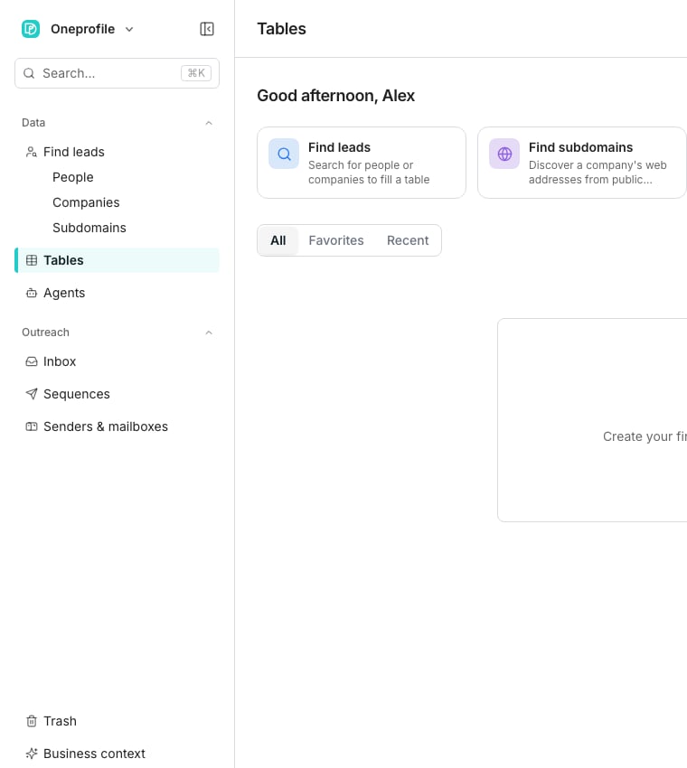 The app sidebar with a Data section holding Find leads, Tables and Agents, and an Outreach section holding Inbox, Sequences and Senders and mailboxes, with no table open yet.