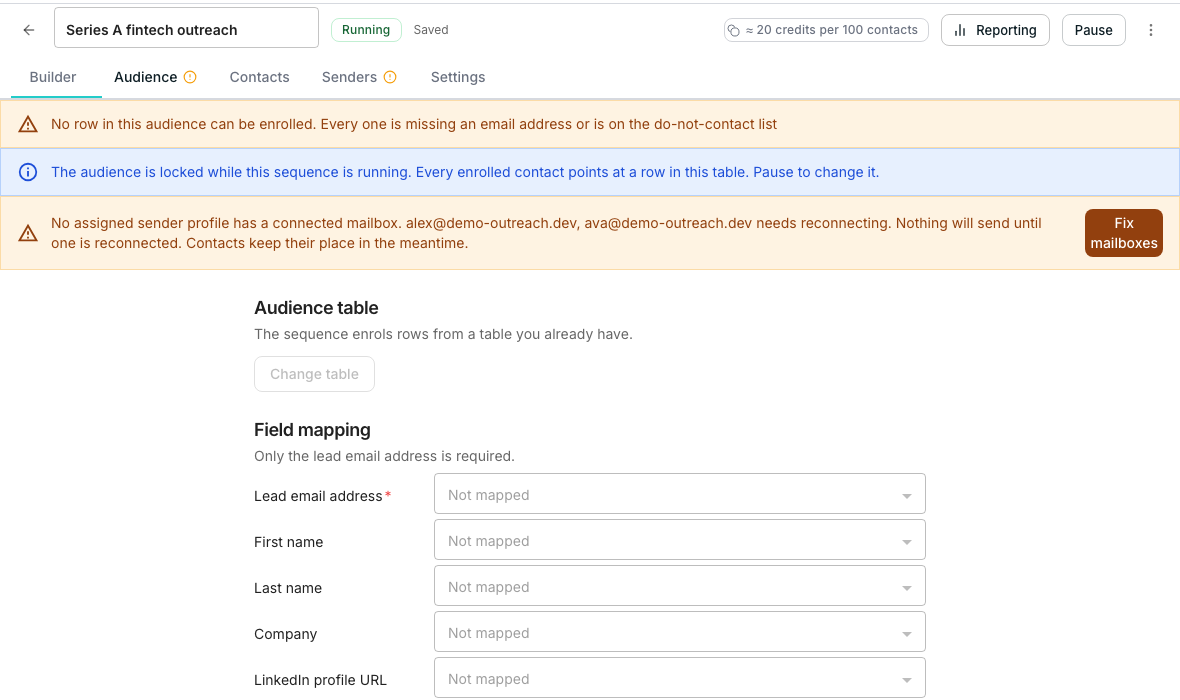 The Audience tab showing a Choose a table button, a saved view selector beside it, a field mapping list with Lead email address marked required, and a banner reporting how many rows will be added.