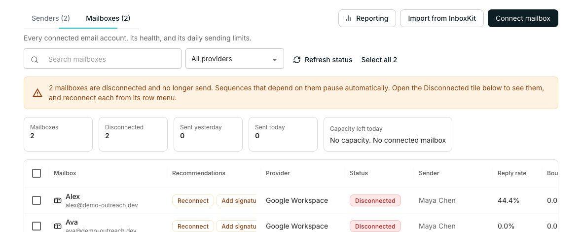 The Mailboxes tab of the Senders and mailboxes page. Cards above the list count mailboxes, disconnections, yesterday's and today's sends, and the capacity left today. Each mailbox row shows a recommendation chip, its provider, a Connected status, its sender, and its reply rate.