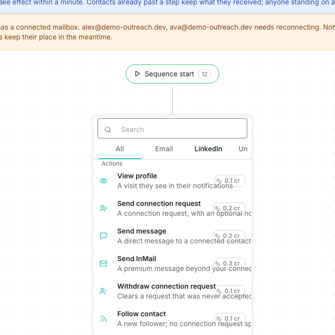 The sequence builder's step picker open on the LinkedIn tab, listing View profile, Send connection request, Send message, Send InMail, Withdraw connection request, Follow contact and Like latest post, each with a one-line description and a credit price.
