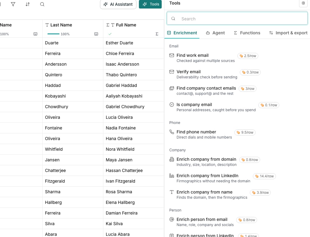 The Add column dropdown open at the end of the grid header row, listing Enrichment, Use AI, Agent, Functions and Import and export above a list of plain types including Text, Number, Date, Select and Checkbox.
