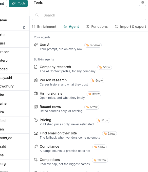 The Tools panel's Agent tab beside a table. Use AI sits under Your agents with a price range per row, and a Built-in agents list follows, starting with Company research and Person research, each with a one-line description and price.
