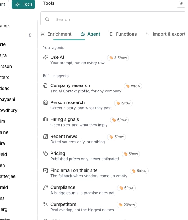The Tools panel's Agent tab beside a table. Use AI sits under Your agents with a price range per row, and a Built-in agents list follows, starting with Company research and Person research, each with a one-line description and price.