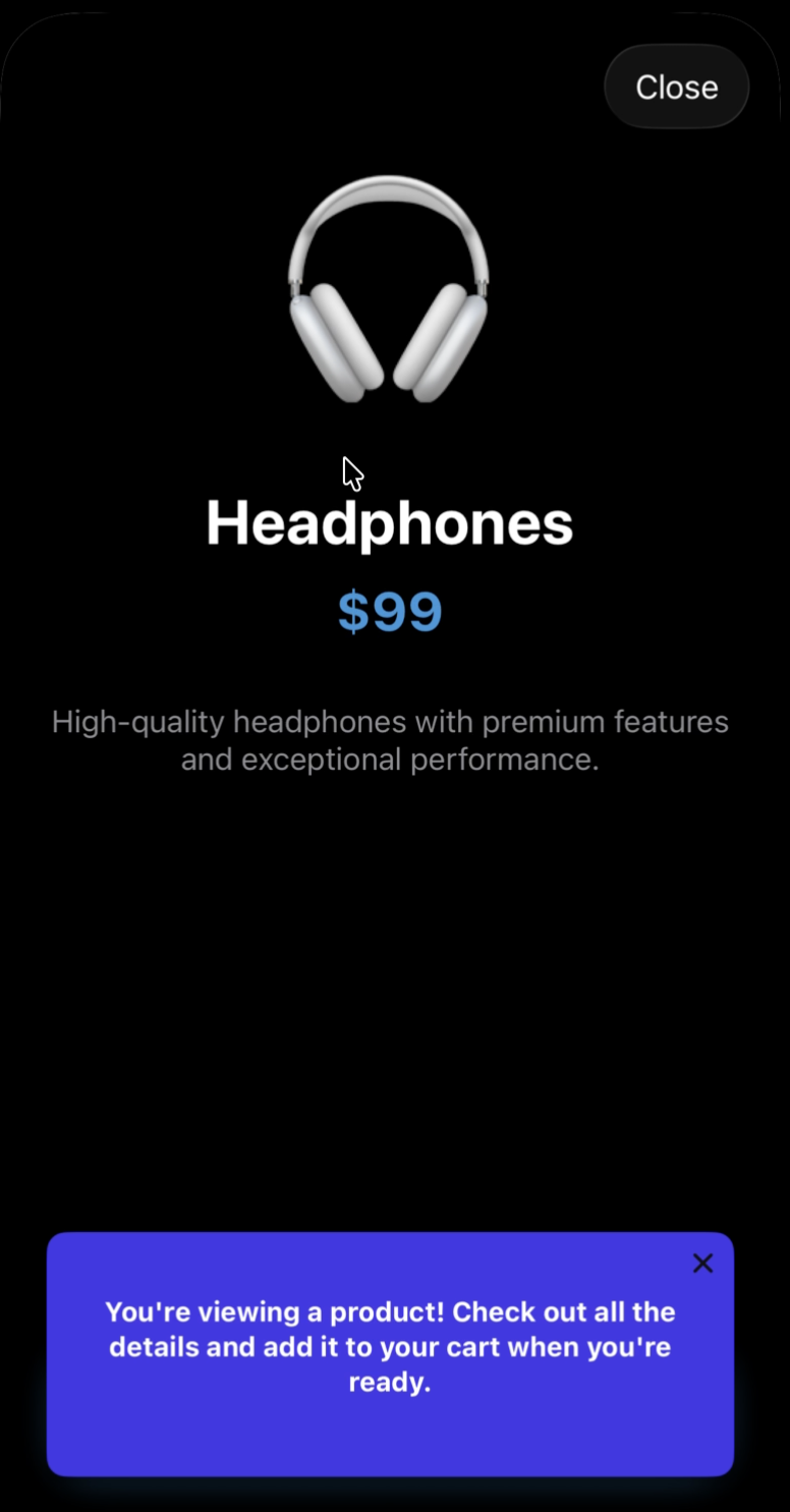 Bannière produit affichant 'Vous consultez un produit ! Découvrez tous les détails et ajoutez-le à votre panier quand vous êtes prêt.'