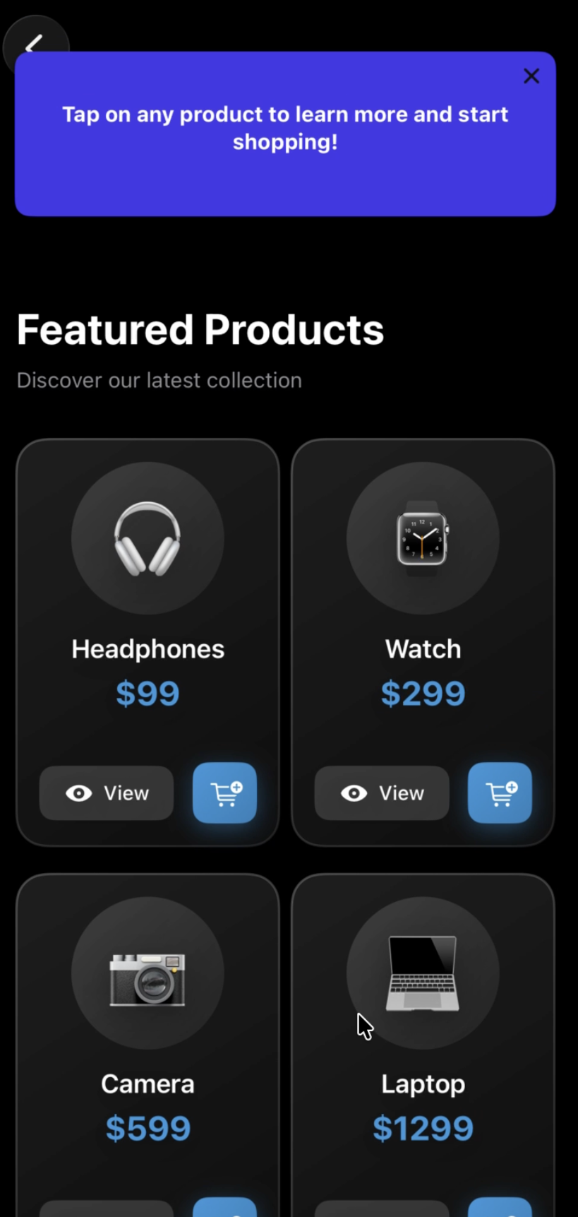 Bannière de bienvenue affichant 'Appuyez sur n'importe quel produit pour en savoir plus et commencer vos achats !'