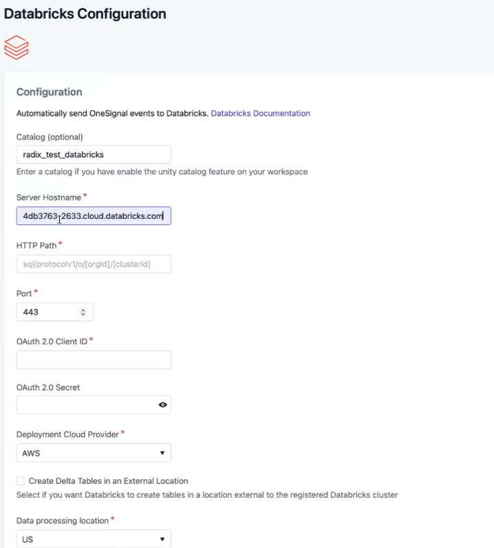 OneSignal Databricks Configuration form with fields for catalog, hostname, HTTP path, and OAuth credentials