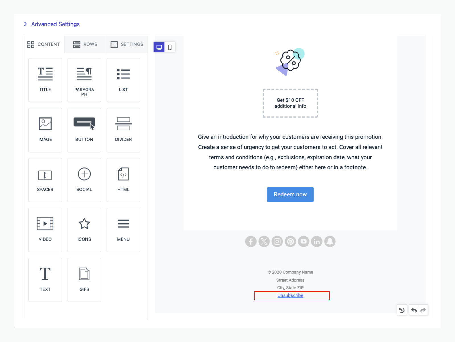 Block editor unsubscribe link
