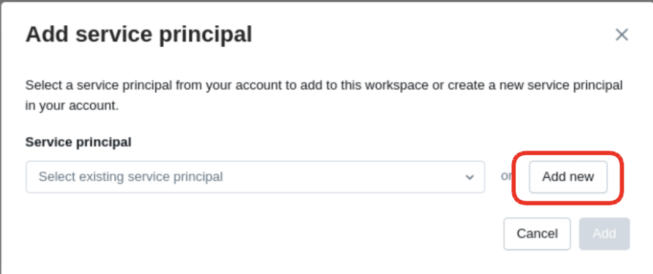 Modal for adding a service principal, with the 'Add new' option highlighted