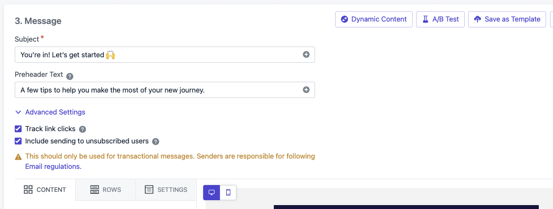 Options available when creating your message. These are the same on both Drag-and-Drop or HTML editors.