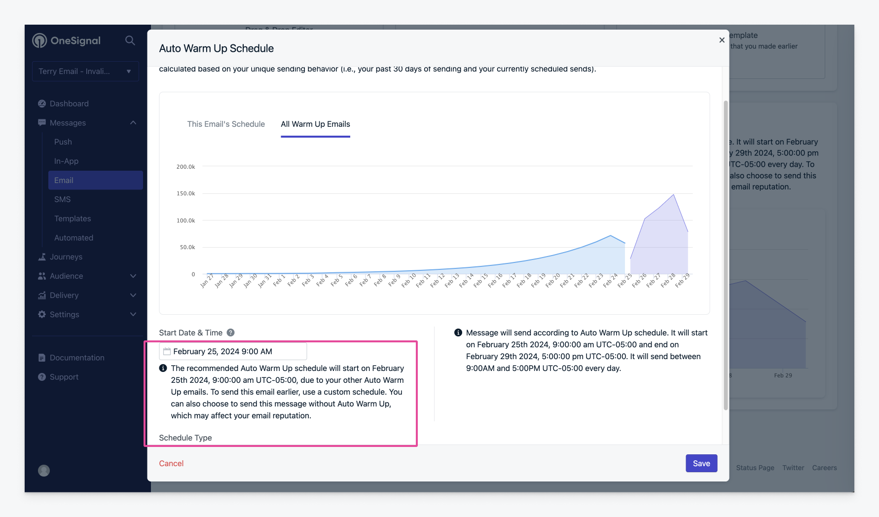 Auto warm up start date and time configuration