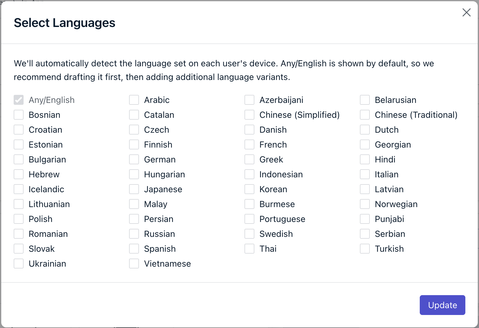 Select Languages modal with checkboxes for each supported language