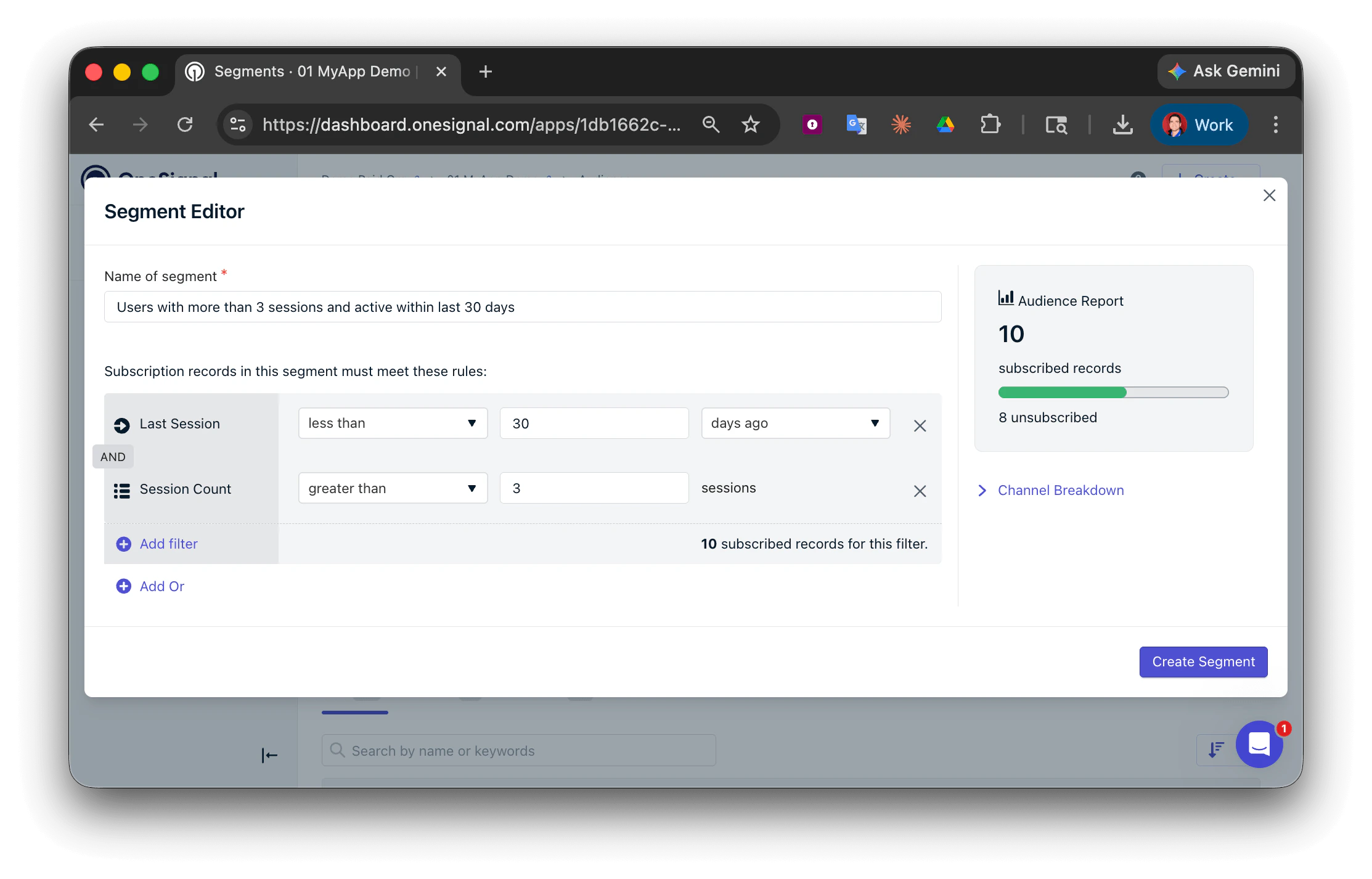 Segment avec filtres AND pour les utilisateurs actifs dans les 30 jours avec au moins 3 sessions