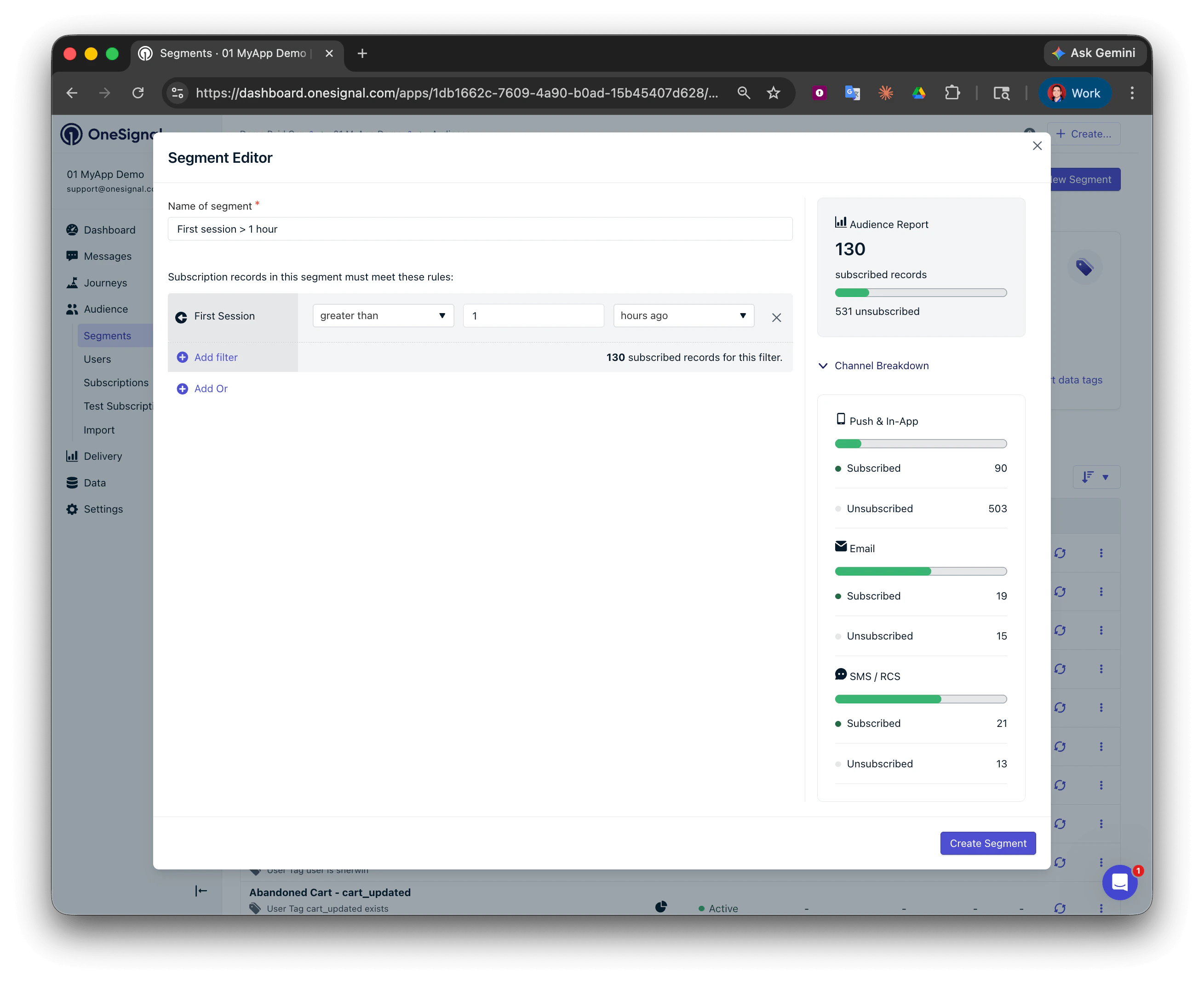 Comptages d'audience affichant les comptages abonnés et désabonnés par canal