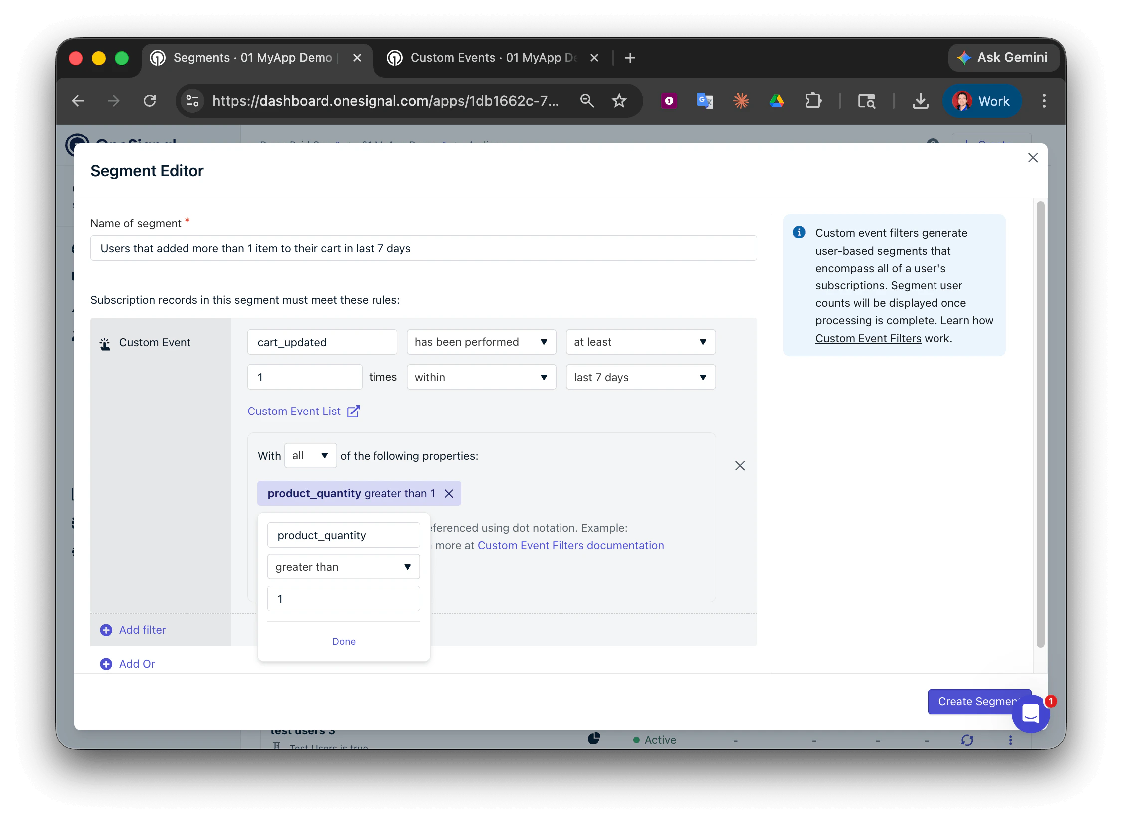 Exemple de filtre d'événement personnalisé affichant le nom, l'image, le prix, la quantité du produit et l'URL du panier